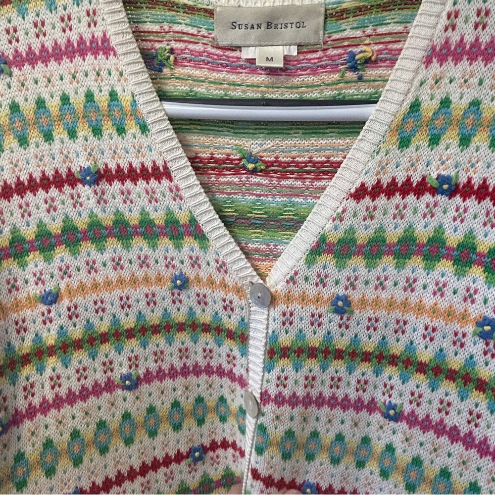 Vintage Susan Bristol Patterned Short Sleeve Cardigan Women's Size Medium
